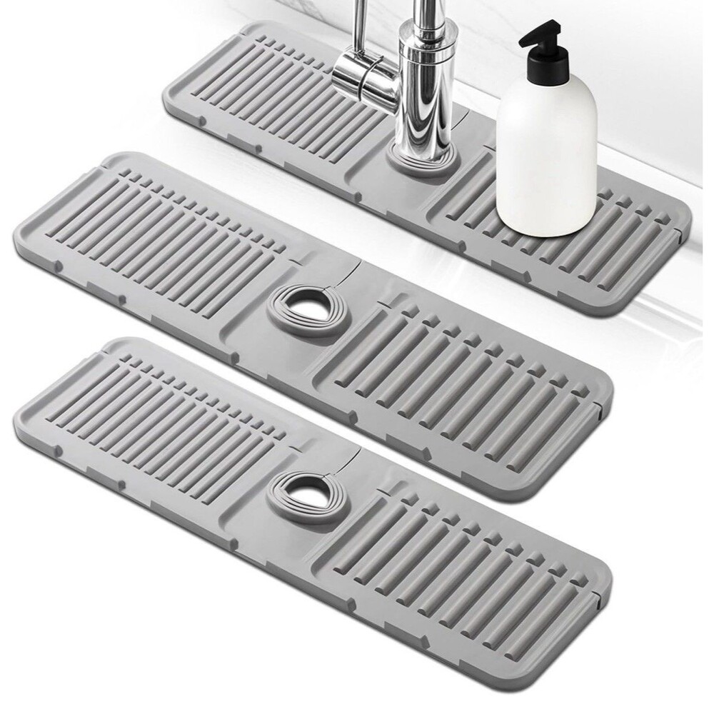 2pc Silicone Sink Splash Guard Mat 15" Sloped Faucet Water Guard Drip Trey -Grey